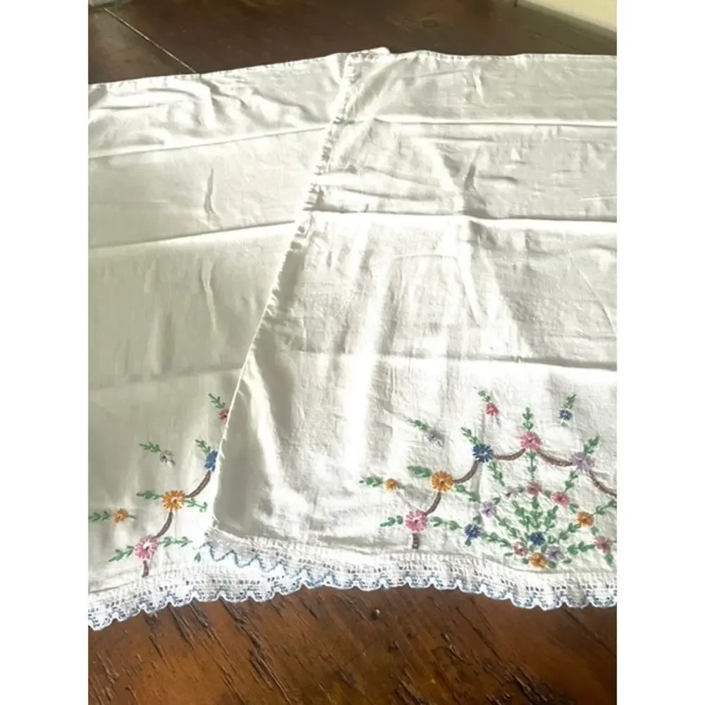 Vintage Embroidered Pillowcases Pair Floral Crochet Lace Cottagecore